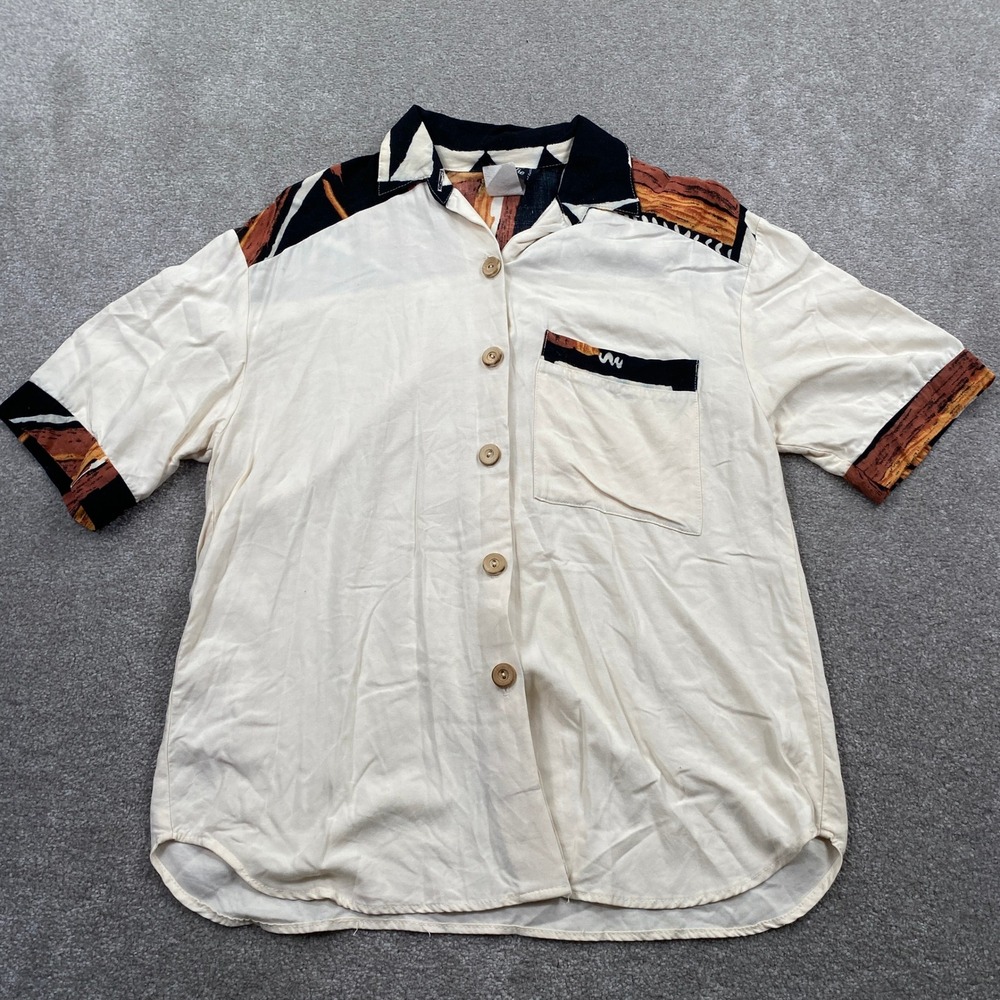 Michele Leslie Button Down Shirt Size Medium Cream Abstract Vintage 90s USA